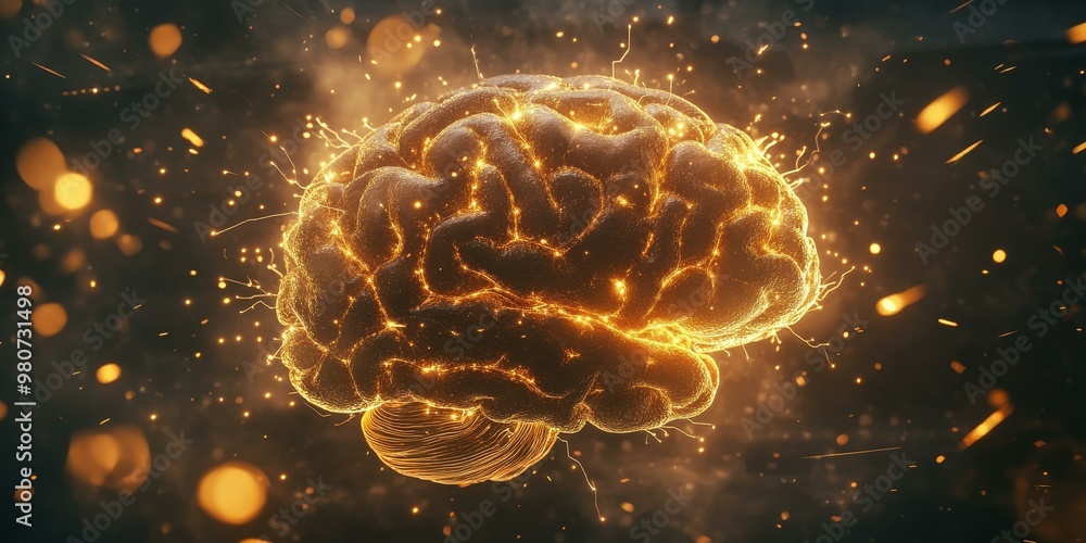 Poster glowing brain with sparks and bokeh