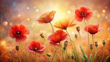 Fototapeta premium Vibrant red poppy flowers sway gently in a whimsical watercolor frame, delicate petals and stems blending with soft, dreamy background in warm, golden hues.