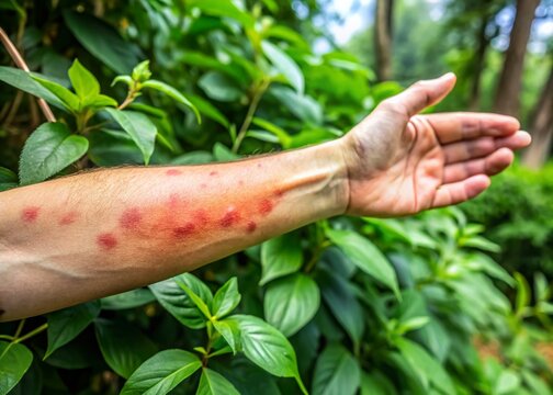 A close-up of a person's arm with raised, red, itchy blisters and rashes caused by poisonous plant contact,