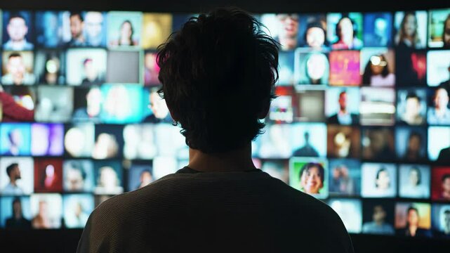 Man Looking At Digital Wall With Profile Pictures