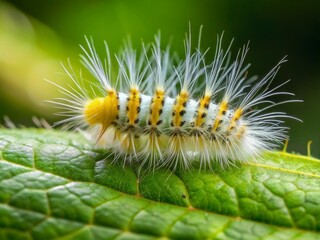 Naklejka premium A close-up of a small, greenish-yellow caterpillar with distinctive white stripes and fuzzy body, crawling on a leaf