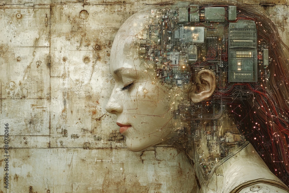 Aufkleber female cyborg with mechanical neural brain exposed symbolizing the convergence of artificial intelli