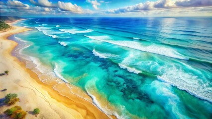 Vibrant aerial view of serene beach with turquoise ocean waves gently lapping onto pristine sand, depicted in captivating abstract watercolor style, with textured background.