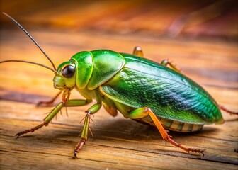 A close-up of a vibrant green American cockroach perched on a wooden surface, its shiny exoskeleton and intricate