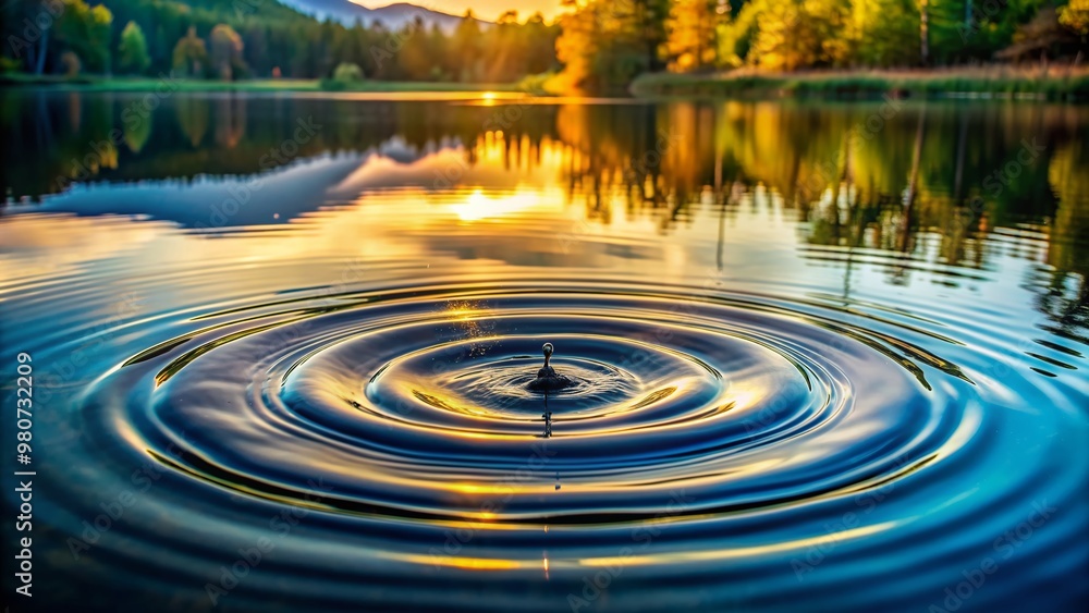 Poster serene droplet of rainwater creating concentric circular ripples on a calm mirror-like water surface