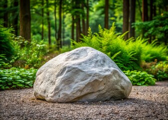 A large, weathered white rock sits prominently on a bed of small, grayish-brown gravel, surrounded by lush green foliage in a serene natural setting.