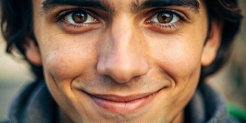 Obraz premium A close-up portrait of a person's face, highlighting the intricate details of their features, with a subtle smile