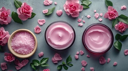 Natural organic cosmetics with rose oil. Cream, lotion, spa salt on grey background