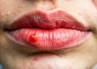 Obraz premium A close-up shot of a bright red, painful-looking cold sore or fever blister on the lip, with inflammation