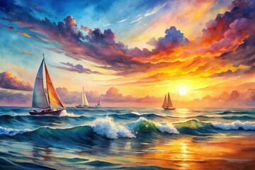 Fototapeta premium Vibrant watercolor landscape features broad strokes of artistic genius depicting a stunning sunrise over the sea with dynamic waves and majestic sailboats in distance.