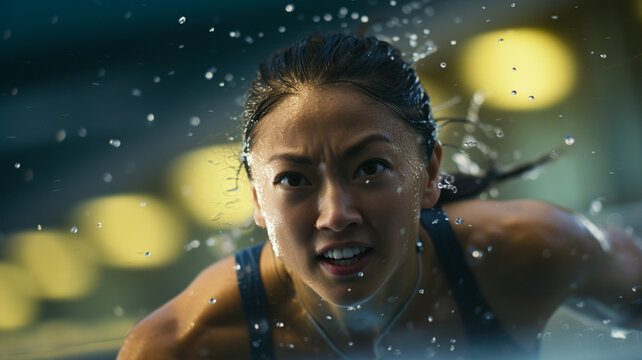 Focused female swimmer emerging from the water during an intense race, droplets of water flying around her face.