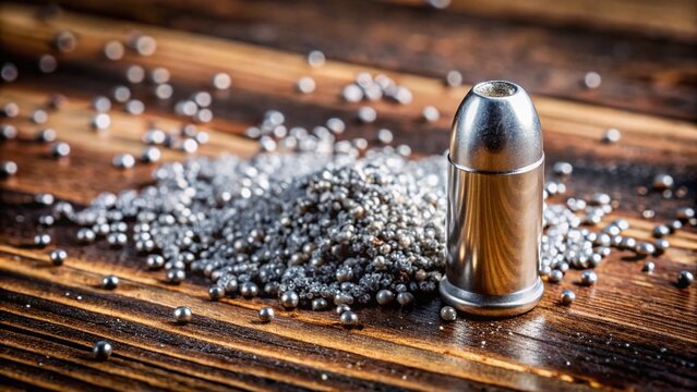 A close-up shot of a shiny silver 9g bullet casing lying on a wooden table, surrounded by scattered