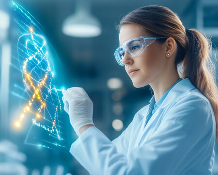 A woman in a lab coat is looking at a computer screen with a DNA strand on it. She is wearing gloves and has a serious expression on her face. Concept of scientific research - Powered by Adobe