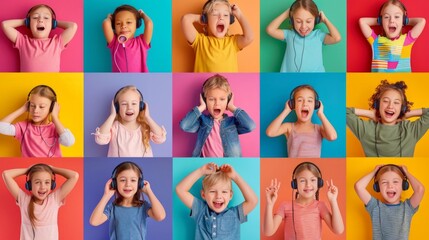 A vibrant collage with 12 children in headphones shows joy and enthusiasm in diverse expressions. Bright colors and lively patterns enhance the cheerful atmosphere.
