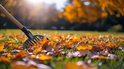 Raking autumn leaves from the lawn on the lawn in the autumn park