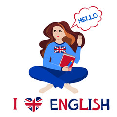 Template for background, banner, card, poster with text inscription, dictionary, vocabulary, speaking, reading, writing. United Kingdom flag heart. I love Study English icon.