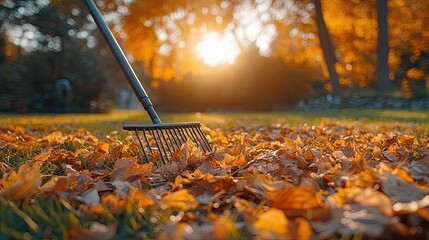 Raking autumn leaves from the lawn on the lawn in the autumn park