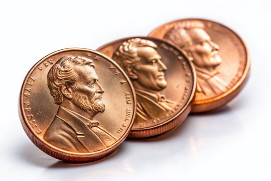 A close-up shot of two shiny copper pennies and two additional cents in coins, arranged neatly on a