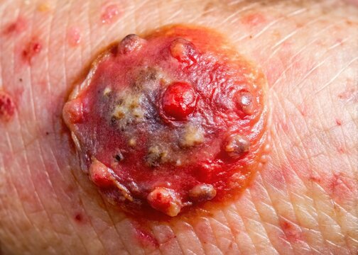 A close-up view of a severe decubitus ulcer on a fragile, reddened skin area, highlighting the painful and