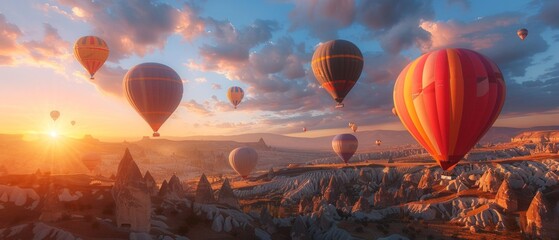 Obraz premium A stunning sunset image with colorful hot air balloons flying amidst clouds over a valley with rocky mountains. Serene beauty and adventure captured in the scene.