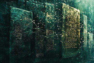 Abstract digital background of ancient stone tablets inscribed with commandments, blended with modern data connections in blue and black tones.