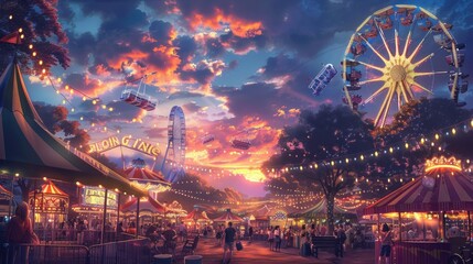 Image of bustling fair at dusk with Ferris Wheel, swinging chairs, and colorful lights. People enjoy activities under romantic sky.