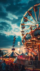 A vibrant amusement park at night, featuring a dazzling Ferris wheel amidst bright lights and a dramatic sky. Captures the essence of a traditional carnival with excitement and community spirit.