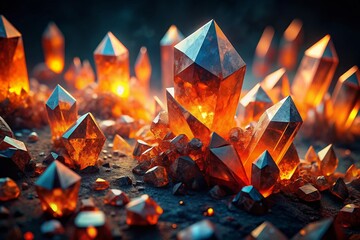 Vibrant orange crystals and rocks fragmented into geometric shapes, scattered on a dark background, evoking a sense of microscopic, otherworldly, futuristic essence.