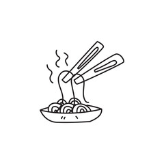 Hand drawn illustration of noodles with chopsticks, steaming hot with line art style. Concept of Asian cuisine, food, noodle dish, ramen, cooking, dinner,  