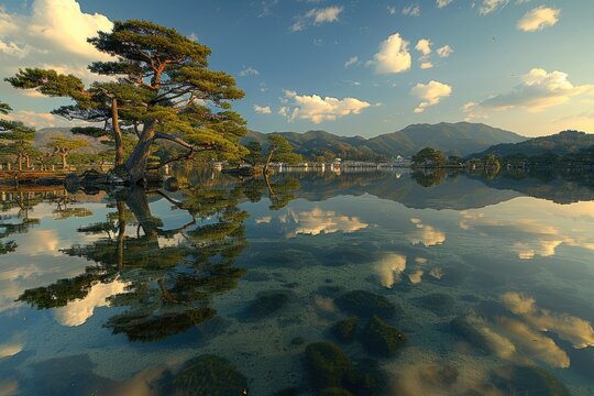 Beautiful calm scene in spring Japanese garden in Fukuoka  Japan