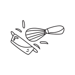 Hand drawn illustration of a whisk and rolling pin, a kitchen symbol for baking and cooking.  