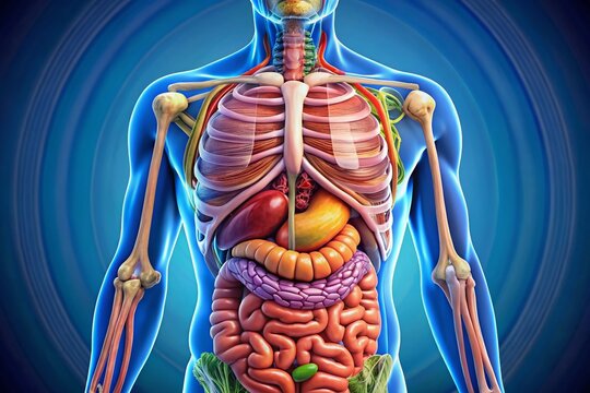 A colorful, highly detailed illustration of the human digestive system, featuring labeled organs and structures,
