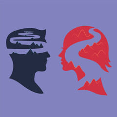 Psychological Odyssey: A Visual Exploration of the Winding Paths Through Steep Mountains and Valleys, Depicting the Complex Inner Worlds of a Man and Woman in the Context of Psychoanalysis and Mental 