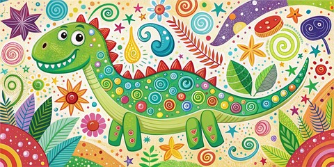 A colorful, whimsical illustration of a happy, smiling green dinosaur surrounded by bright, swirling patterns and bold,