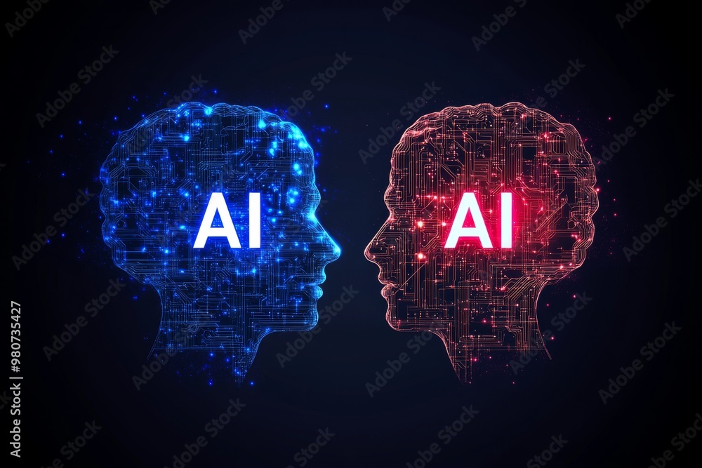 Aufkleber glowing red and blue ai brain silhouettes symbolizing the duality of human and artificial intelligen