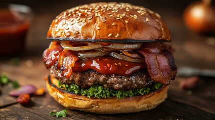 mockup of a mouth-watering bacon burger with caramelized onions and tangy barbecue sauce, a gourmet concept banner that tempts the taste buds
