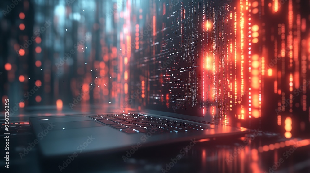 Poster futuristic laptop with neon circuitry in a data center - generative ai