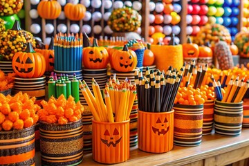 A colorful display of spooky Halloween-themed pencils, surrounded by orange and black decorations, await shoppers in a