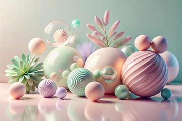 Softfocus abstract composition of gentle pastel 3d shapes in soothing hues of lavender, peach, and mint, blending harmoniously on a serene light background.
