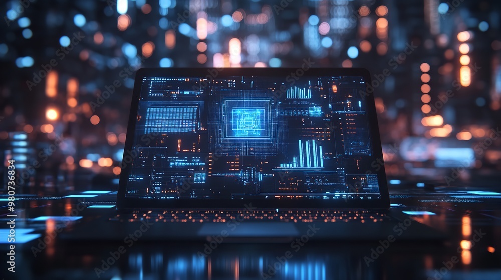 Poster futuristic laptop with neon circuitry in a data center - generative ai