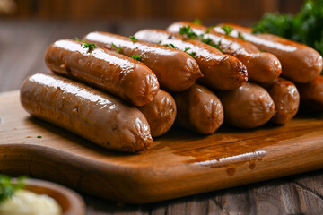 A close-up shot of perfectly grilled sausages stacked on a wooden board. The sausages are garnished with fresh parsley, highlighting their juicy texture and inviting appearance for a delicious meal