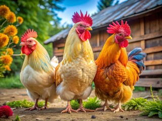 A colorful trio of buff and Brahma chickens peck and forage in a rustic farm setting, showcasing their