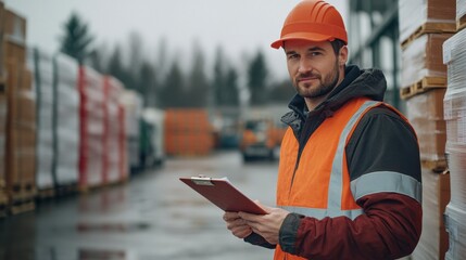 Worker with clipboard checking inventory at warehouse.