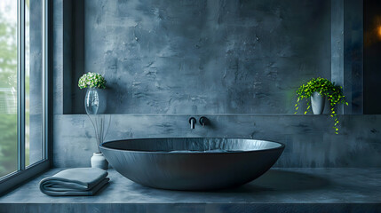 Stylish black vessel sink and faucet on wooden countertop. Interior design of modern bathroom