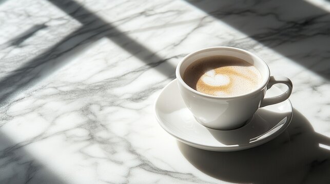 Coffee cup and saucer on marble table with sunlight shadows, perfect for branding backdrop or aesthetic lifestyle concept.