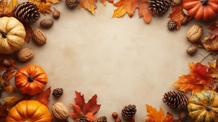 Colorful autumn leaves, pumpkins, pinecones, and nuts create a vibrant autumn scene with ample space for text on a beige backdrop.