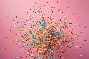 Naklejka premium Vibrant confetti explosion on soft pastel pink background, capturing the essence of fun, celebration, and joy, perfect for birthday or women's day party themed designs.