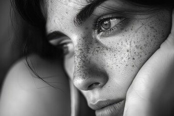 Monochrome close-up of a freckled woman's face with reflective eyes, capturing emotion and fine facial details.