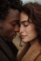 A tender moment between an interracial couple, with foreheads touching, expressing love, intimacy, and emotional connection in a warm setting.