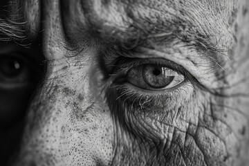 Monochrome close-up of an elderly man's eye, highlighting detailed wrinkles and textures, capturing age and emotion.